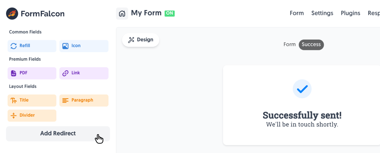 Clicking the 'Add Redirect' button inside Form Falcon's form editor