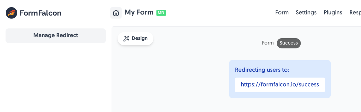 Viewing the form that has a saved Custom Redirect in the Form Falcon Editor