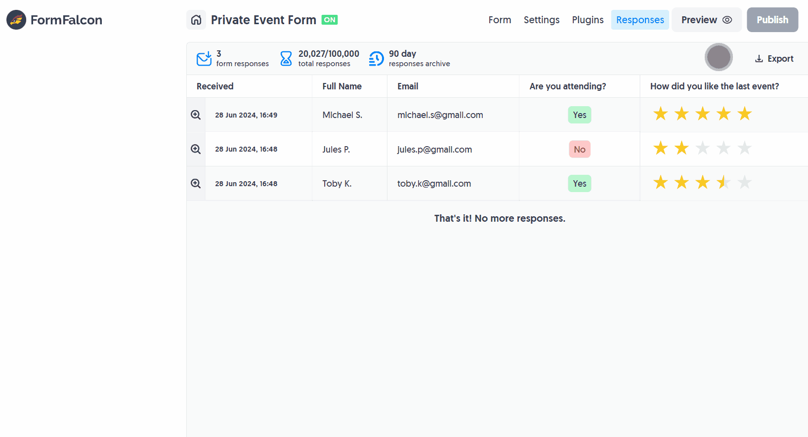 Clicking the 'Export Responses as CSV' button within the Responses Dashboard