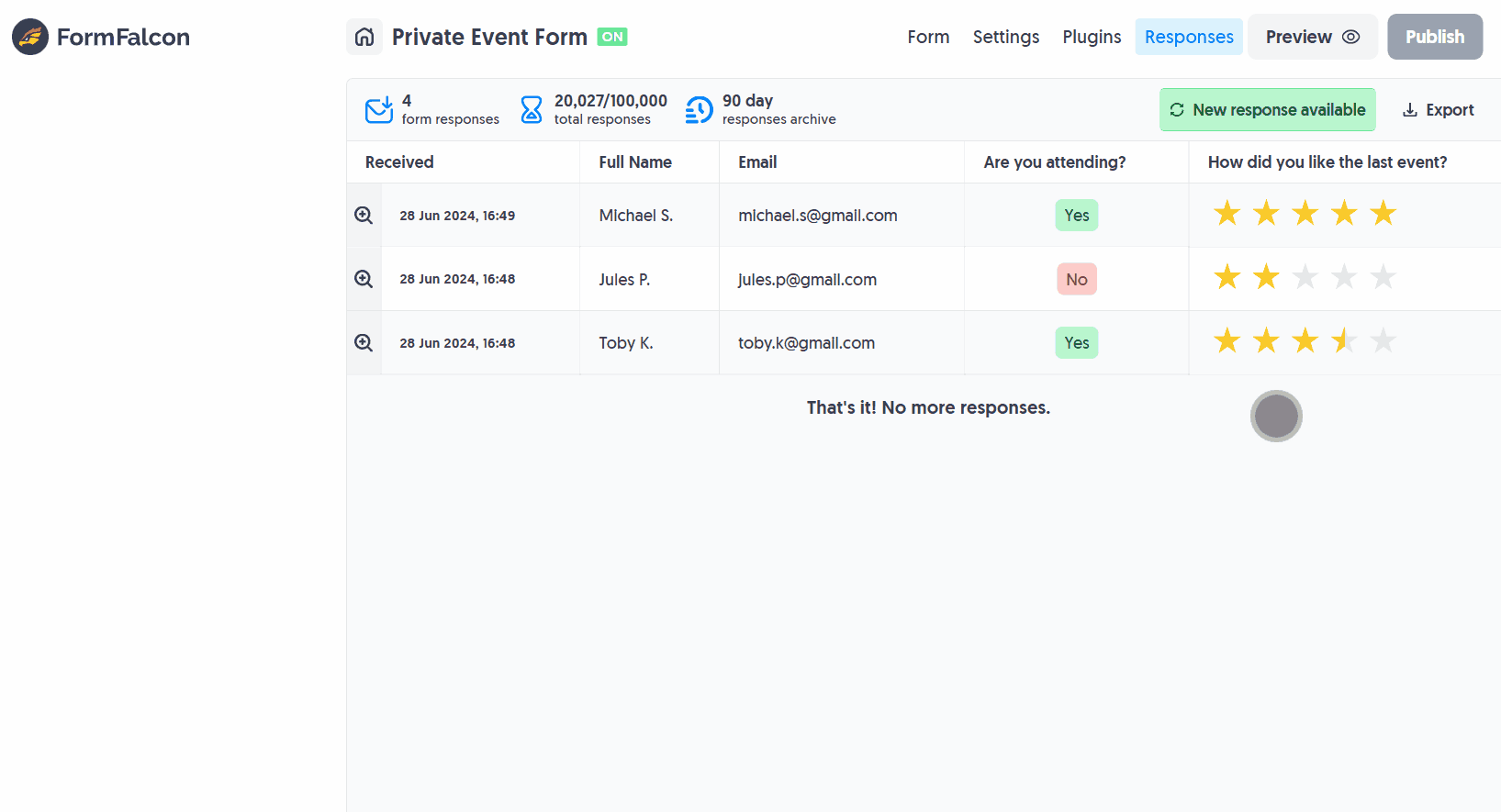 Clicking the 'New Response Available' button within the Responses Dashboard