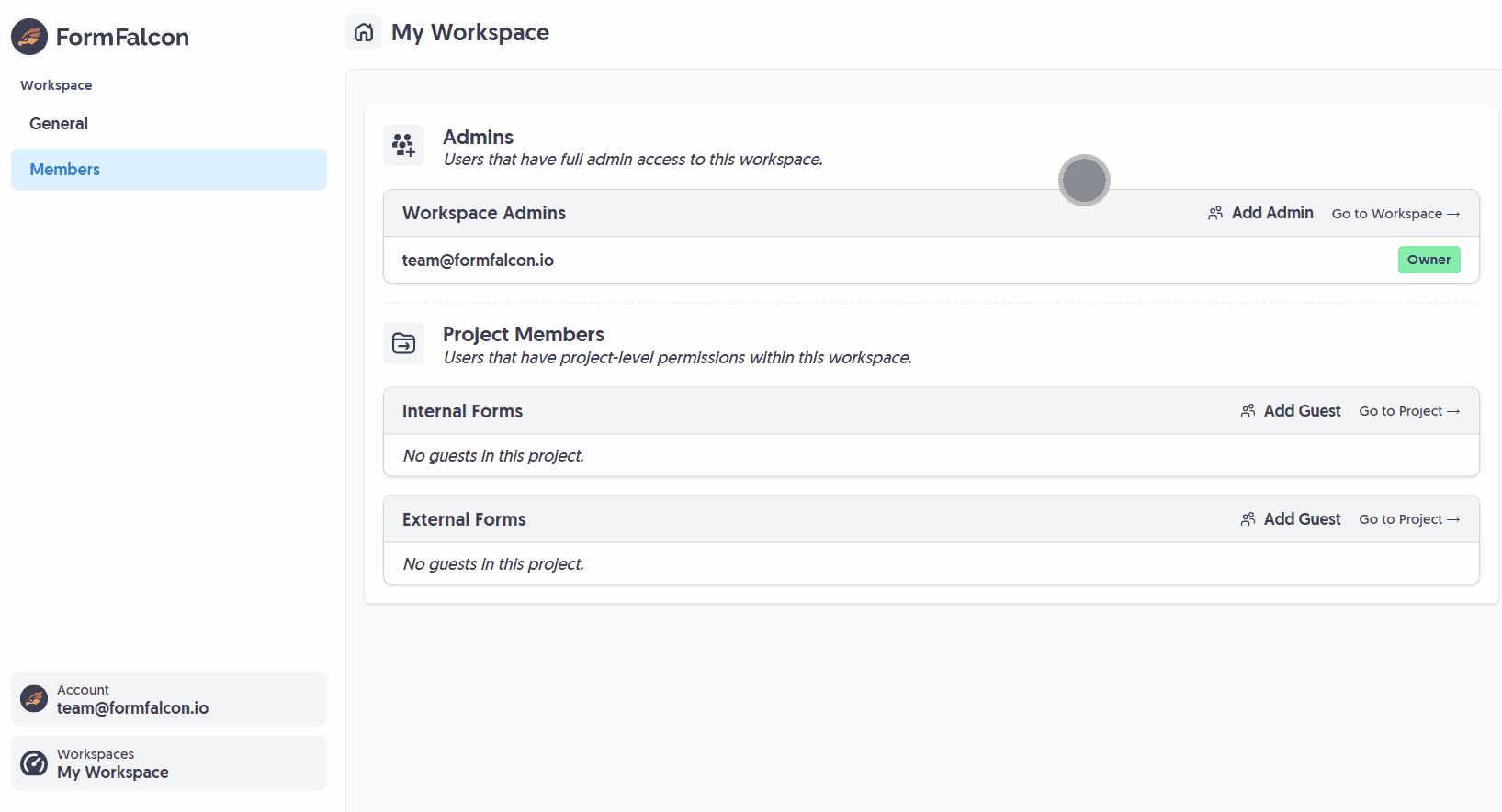 Clicking the 'Add Admin' button within your Form Falcon Workspace and sending an invite