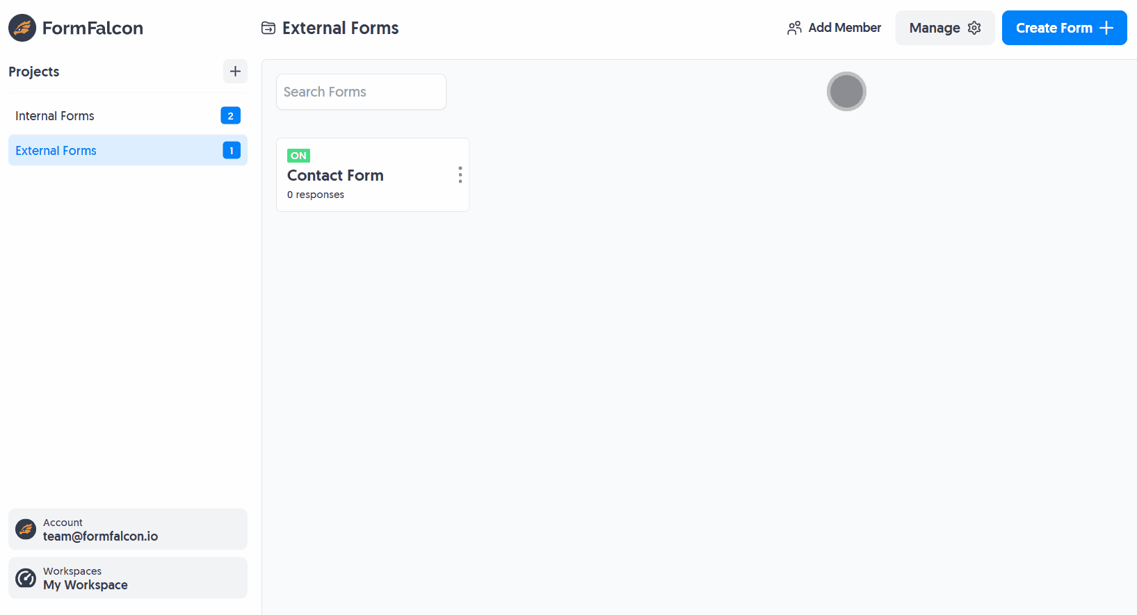 Clicking the 'Add Member' button within Form Falcon and selecting 'Project'