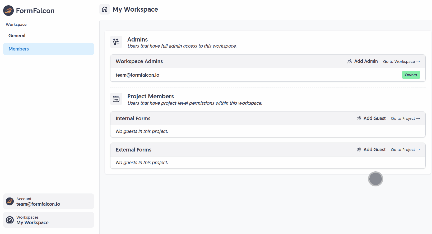 Clicking the 'Add Guest' button within your Form Falcon Workspace and sending an invite