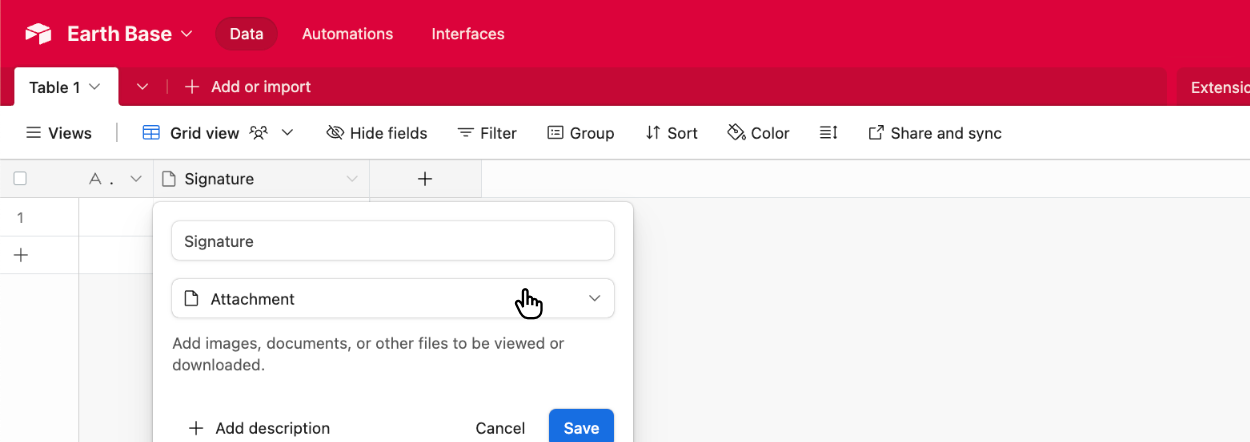 Choosing the Airtable field type of 'Attachment'