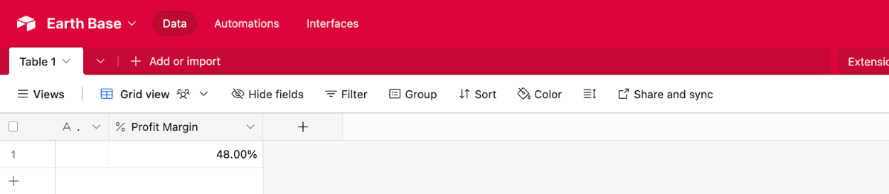 Viewing the Airtable field type of 'Percentage' with newly added form data