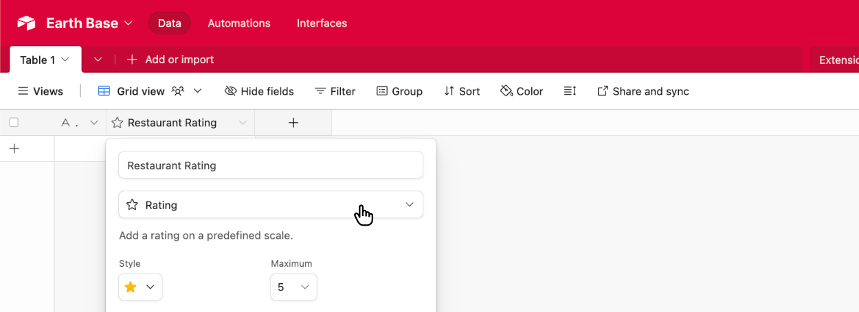 Choosing the Airtable field type of 'Rating'