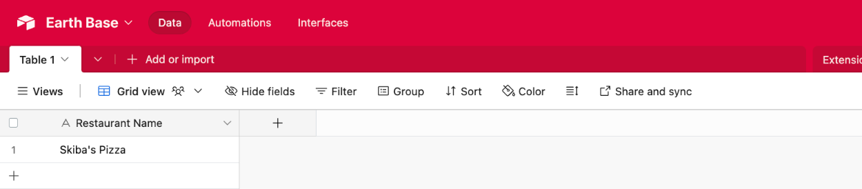 Viewing the Airtable field type of 'Single line text' with newly added form data