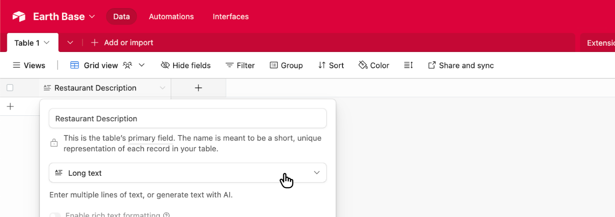 Choosing the Airtable field type of 'Long text'