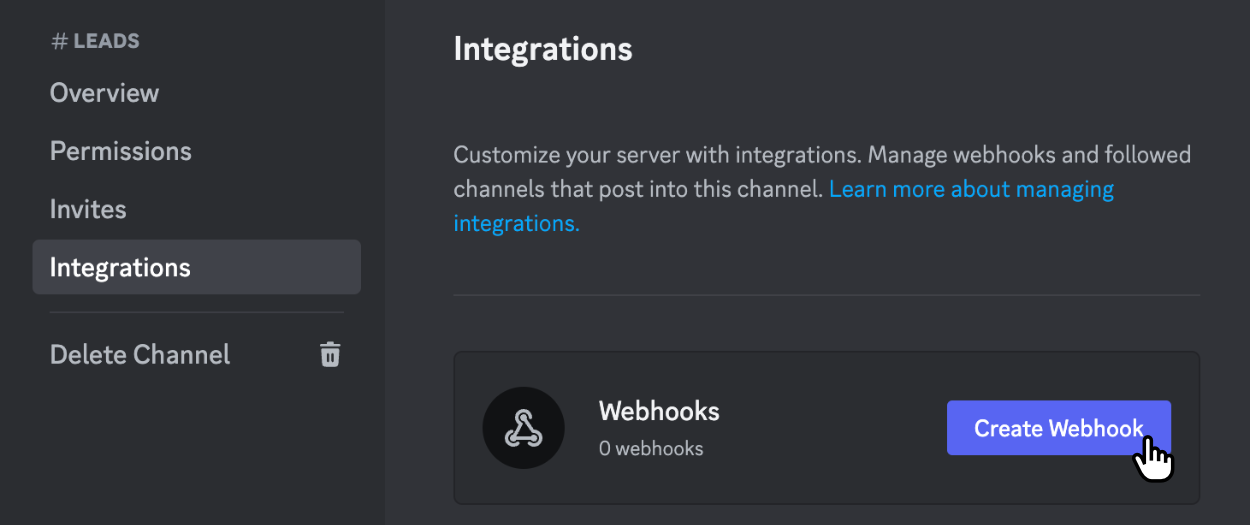 Navigating to the 'Integrations' tab in Discord and clicking 'Create Webhook'