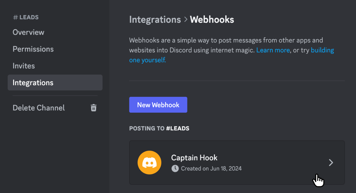 Clicking on the newly created webhook to get the unique webhook URL