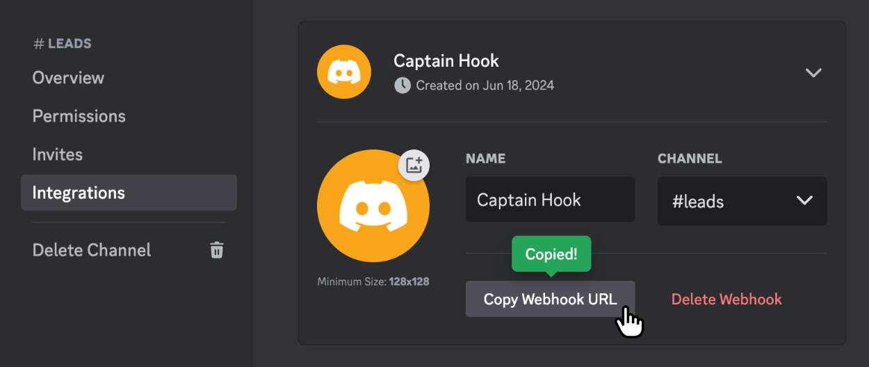 Copying the new webhook URL ready to paste back in the Discord Plugin