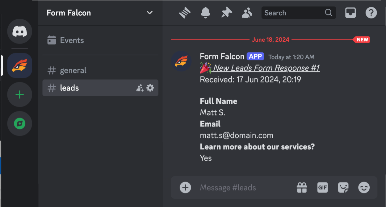 Example form response sent to Discord's app from Form Falcon