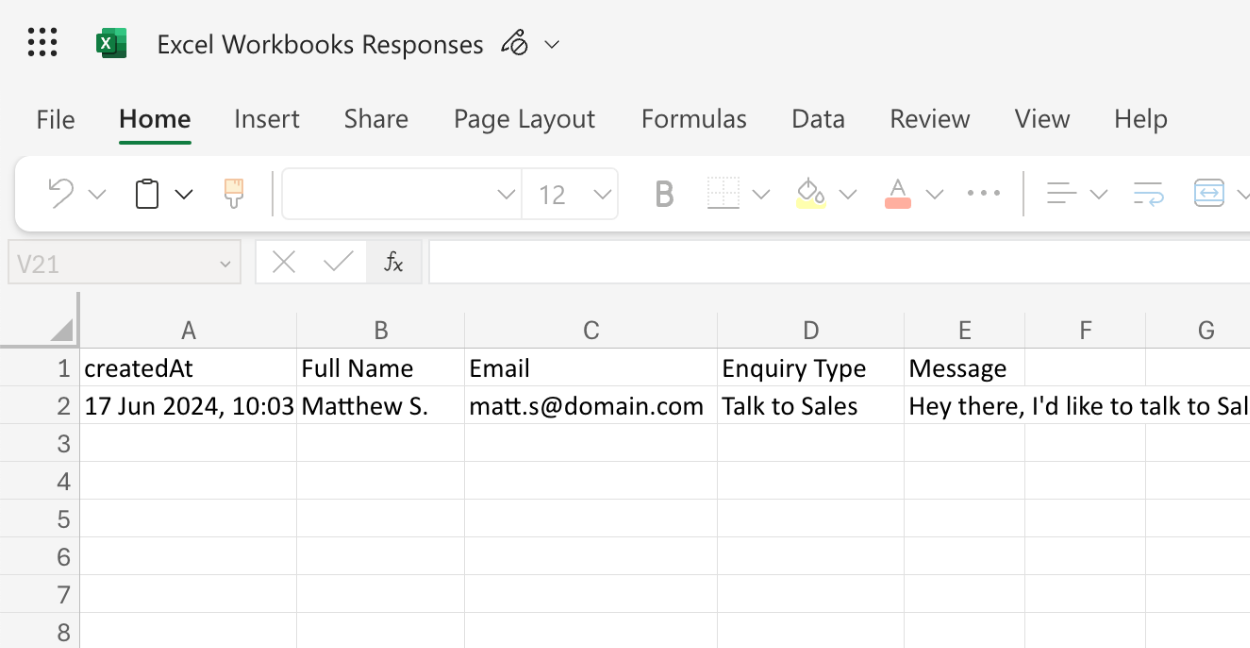 Excel Workbook showing a form response added to the document after sending a test response