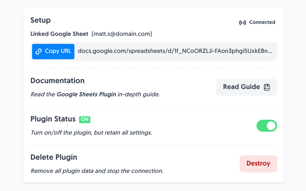 Linked to Google Sheets Plugin demonstrates the automatically created spreadsheet and plugin options