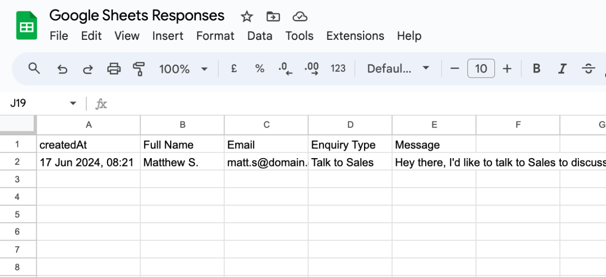 Google Sheet showing a form response added to the document after sending a test response