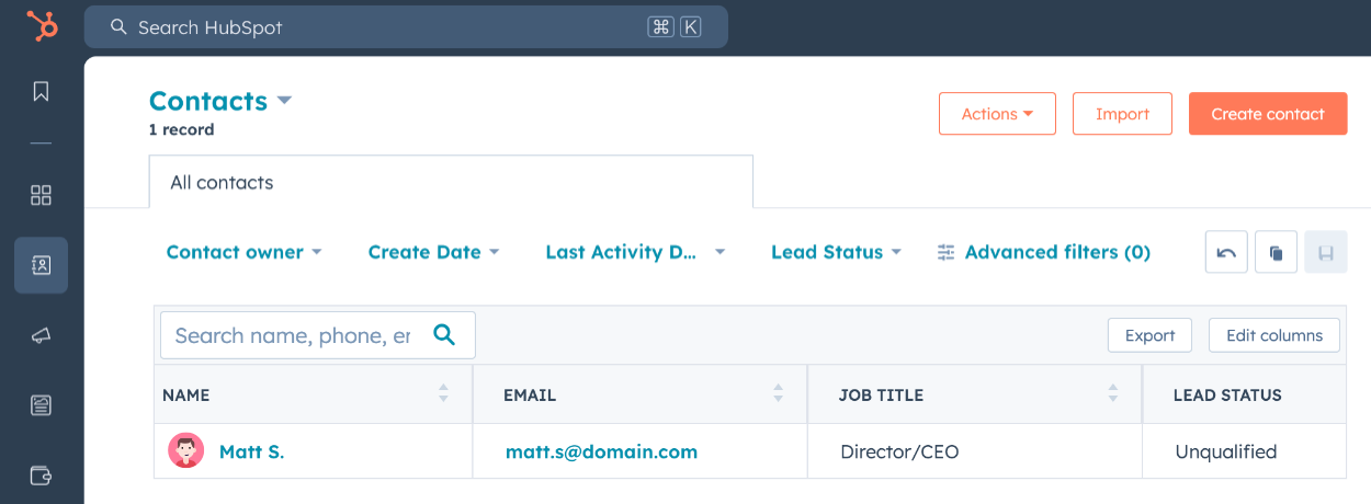 Viewing the newly created Hubspot contact in the CRM