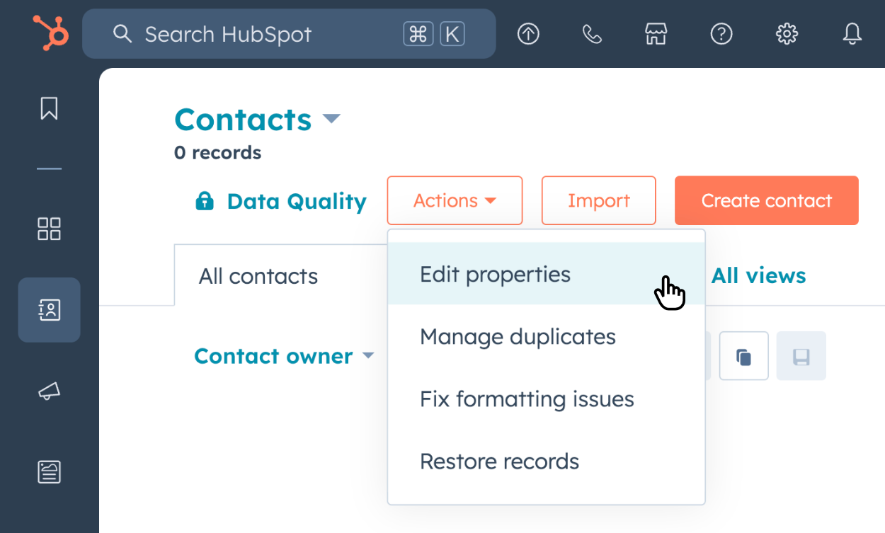 Navigating to 'Edit Properties' in Hubspot's App