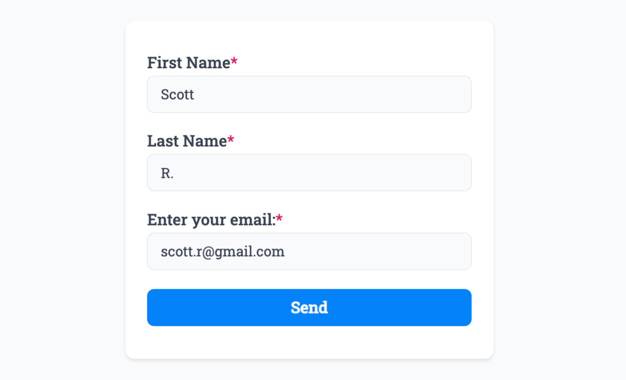 Entering data into our example form linked to the 'FNAME', 'LNAME' and 'EMAIL' fields