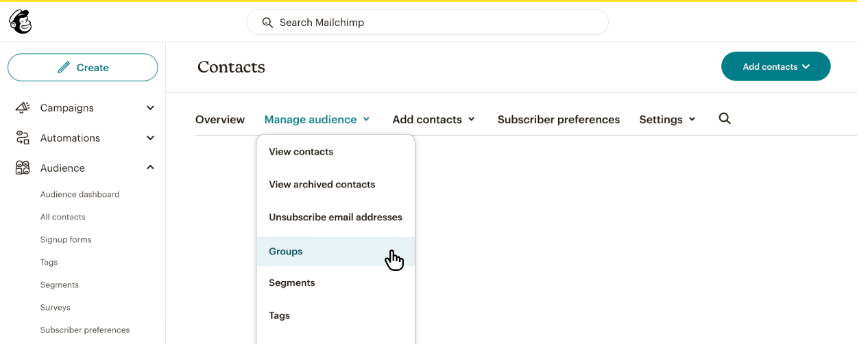 Clicking and viewing the 'Groups' page inside Mailchimp