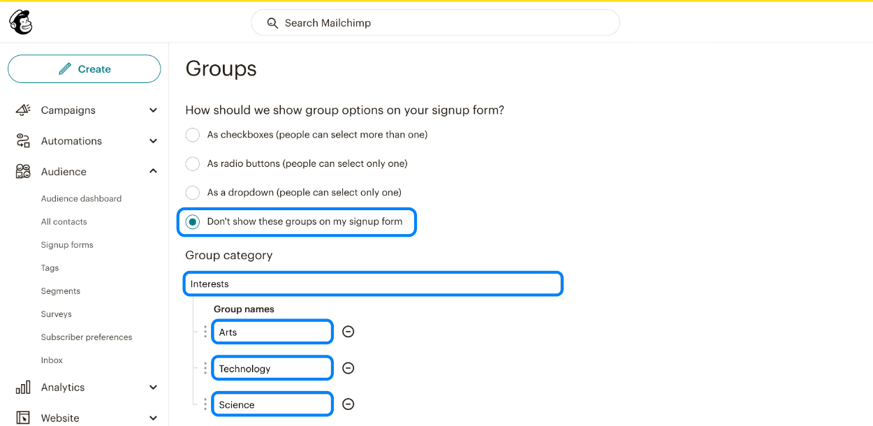 Viewing the newly created group names in Mailchimp