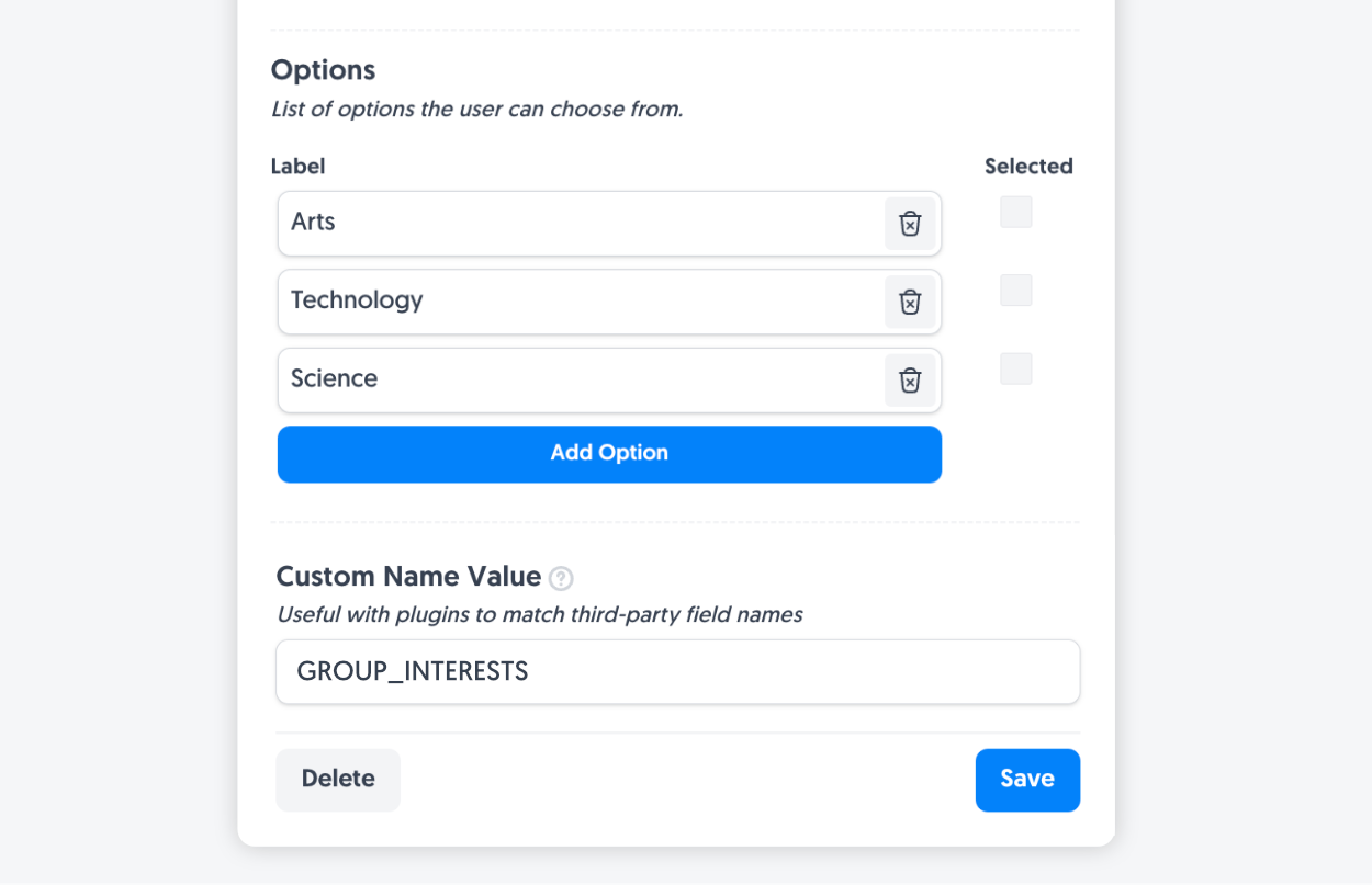 Adding the new Mailchimp group names in the Form Falcon options field list