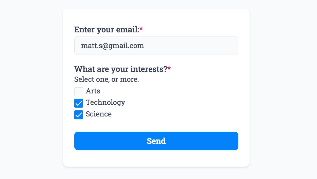 Entering data into our example form linked to Mailchimp groups