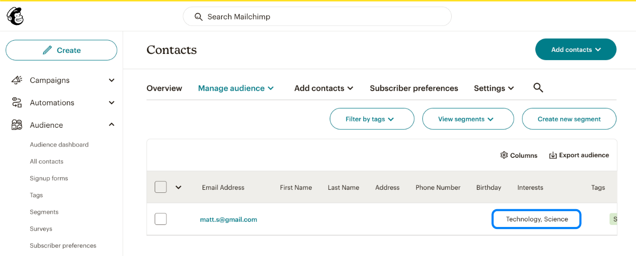 Viewing the Mailchimp subscriber added to both groups 'Technology' and 'Science'