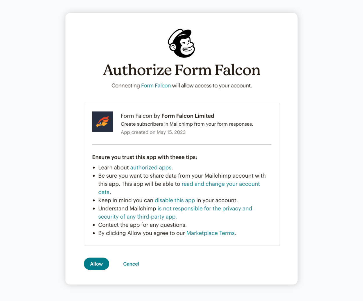 Allow permissions in the Mailchimp authorization window