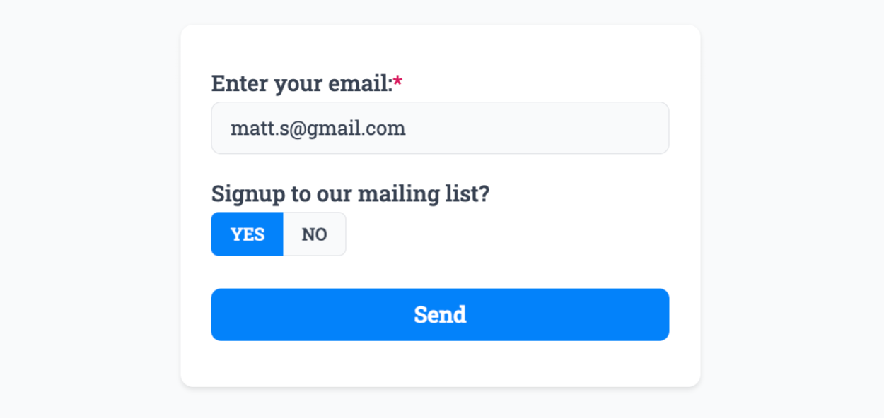 Selecting a 'Yes' option within our example form to conditionally add a Mailchimp subscriber