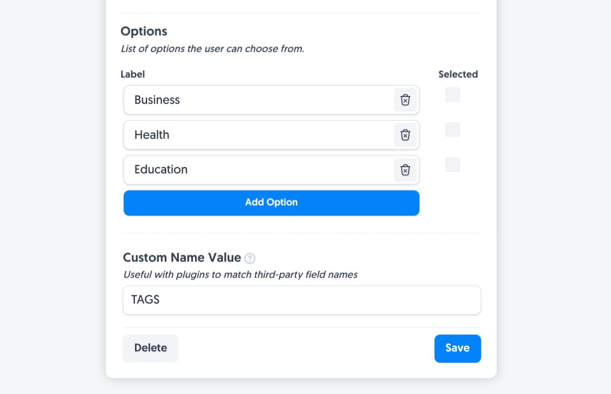 Adding a list of tags to the Multi-Select Field to select from