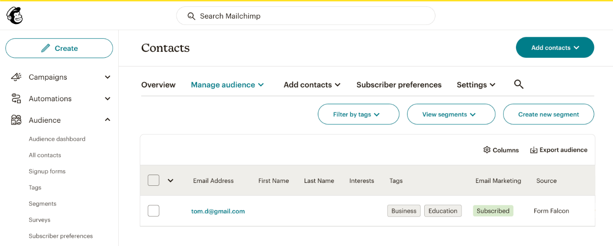 Viewing the Mailchimp subscriber added with new tags