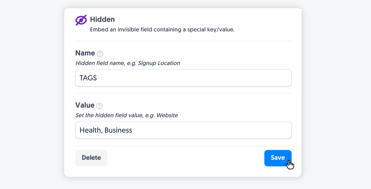 Adding a list of tags to the Hidden Field for predefined tags