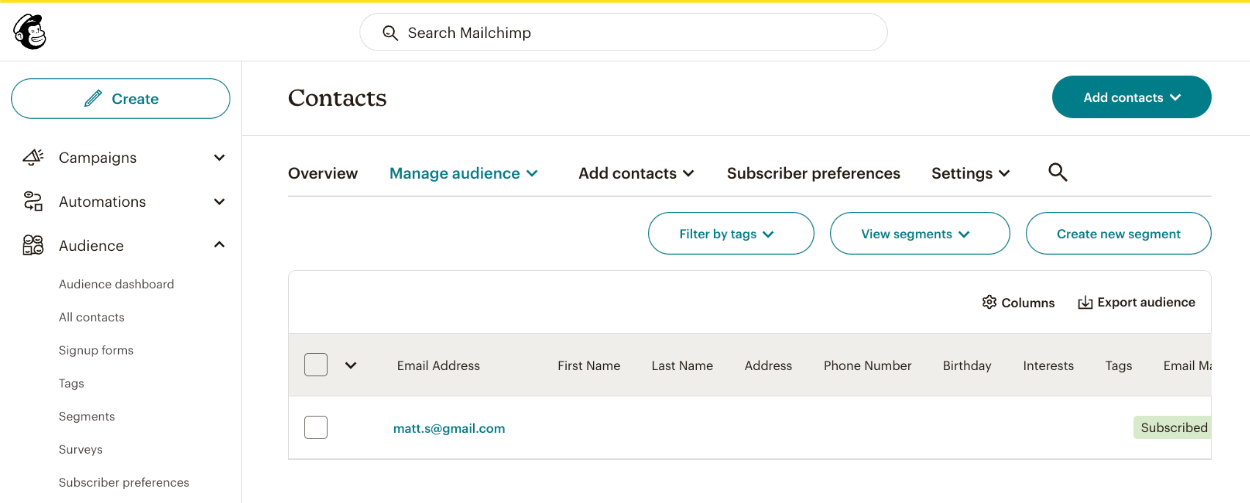 Viewing the newly created Mailchimp subscriber inside the Mailchimp app