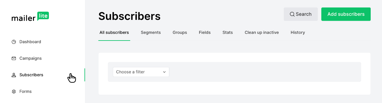 Clicking 'Subscribers' inside Mailerlite's sidebar of the dashboard