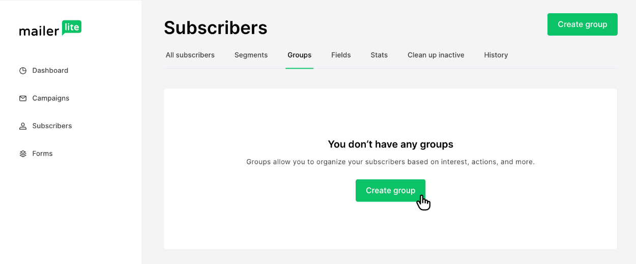 Clicking and viewing the 'Groups' page inside Mailerlite