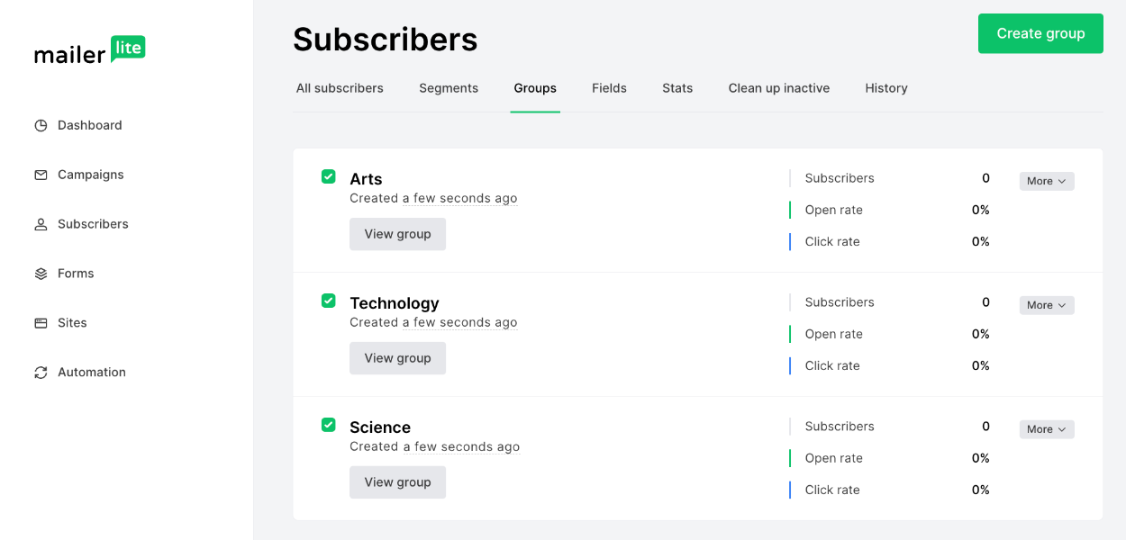 Viewing the newly created group names in Mailerlite