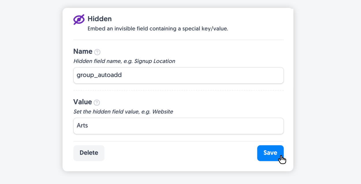 Entering a unique group key and value inside Form Falcon's Hidden Field to autoadd a subscriber to a group