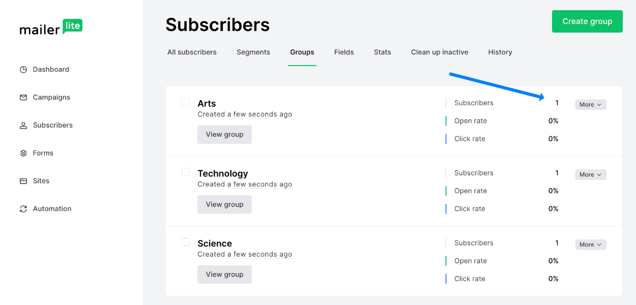 Viewing the Mailerlite subscriber added to the group 'Arts'