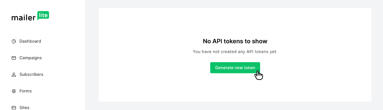 Clicking 'Generate New Token' inside Mailerlite's API configurator'