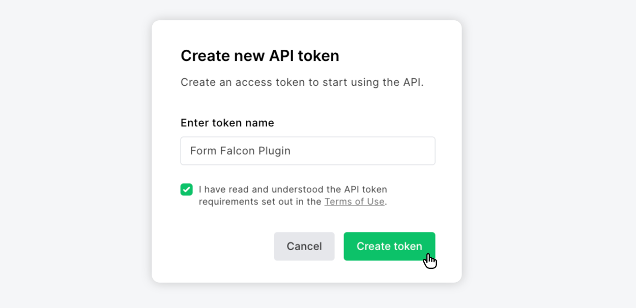 Clicking 'Create Token' inside Mailerlite's API configurator with the token name 'Form Falcon Plugin''