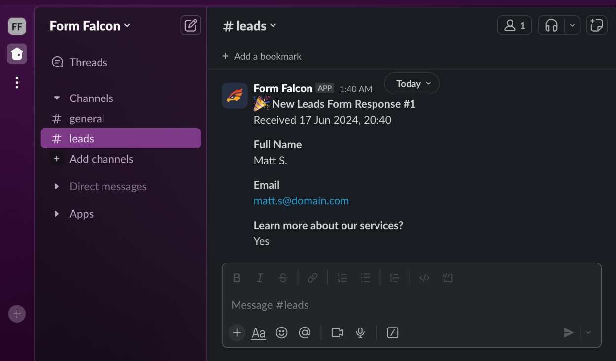 Example form response sent to Slack's app from Form Falcon