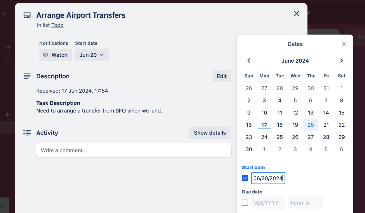 Expanding the Trello card to reveal the Trello Start Date value