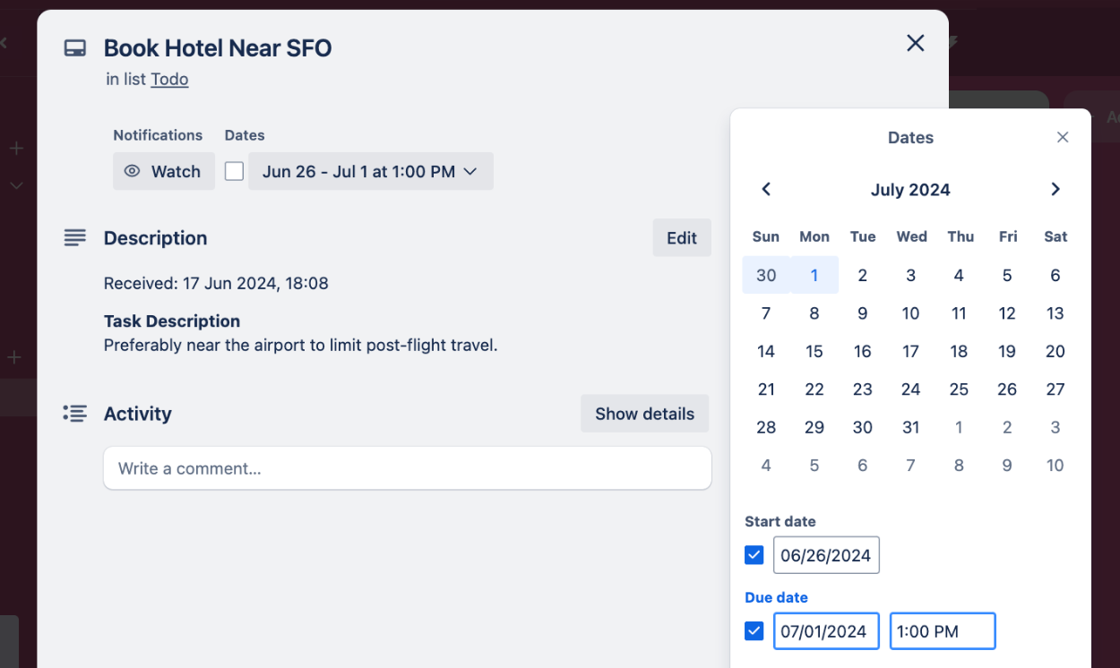 Expanding the Trello card to reveal the Trello Due Date value