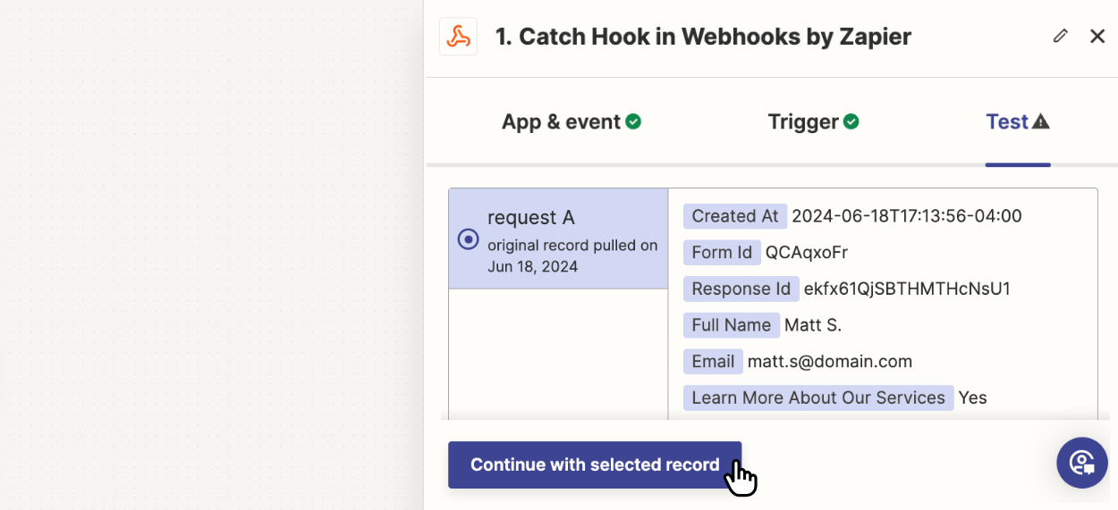 Viewing the new form response that's arrived via the Zapier webhook