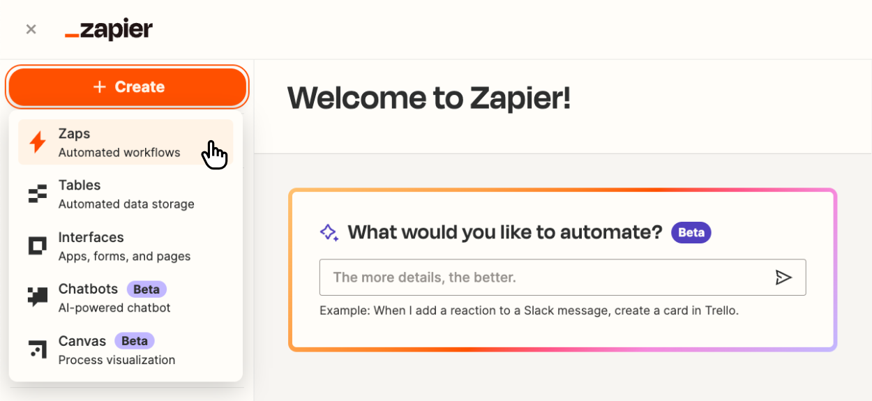 Clicking on 'Zaps' on the Zapier homepage to create a new Zap