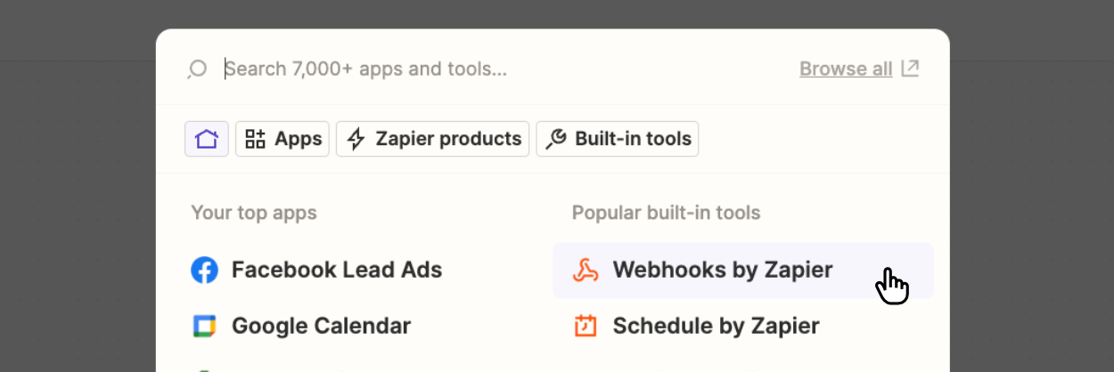 Selecting 'Webhooks by Zapier'