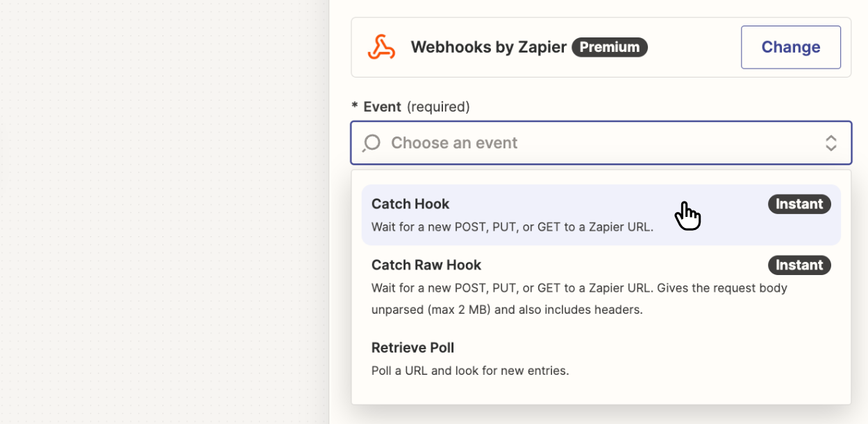 Selecting 'Catch Hook' inside the Zapier app'