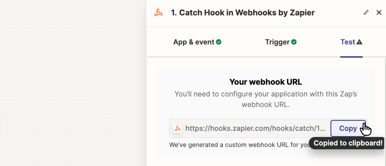 Copying the Zapier webhook URL to clipboard