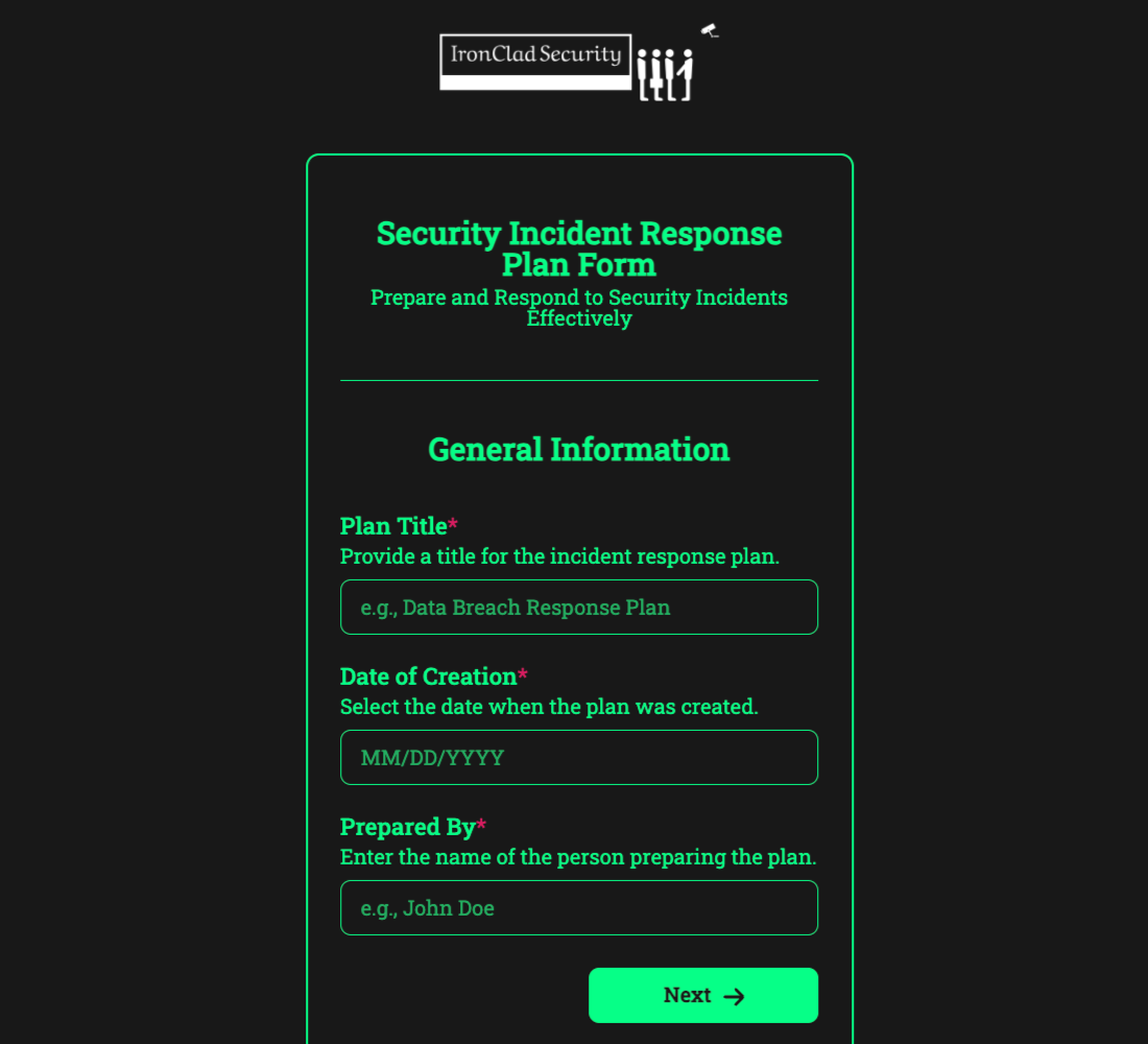 Security Incident Response Plan Form