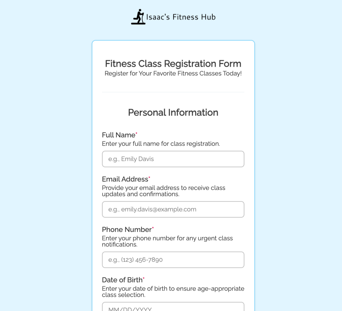 Fitness Class Registration Form